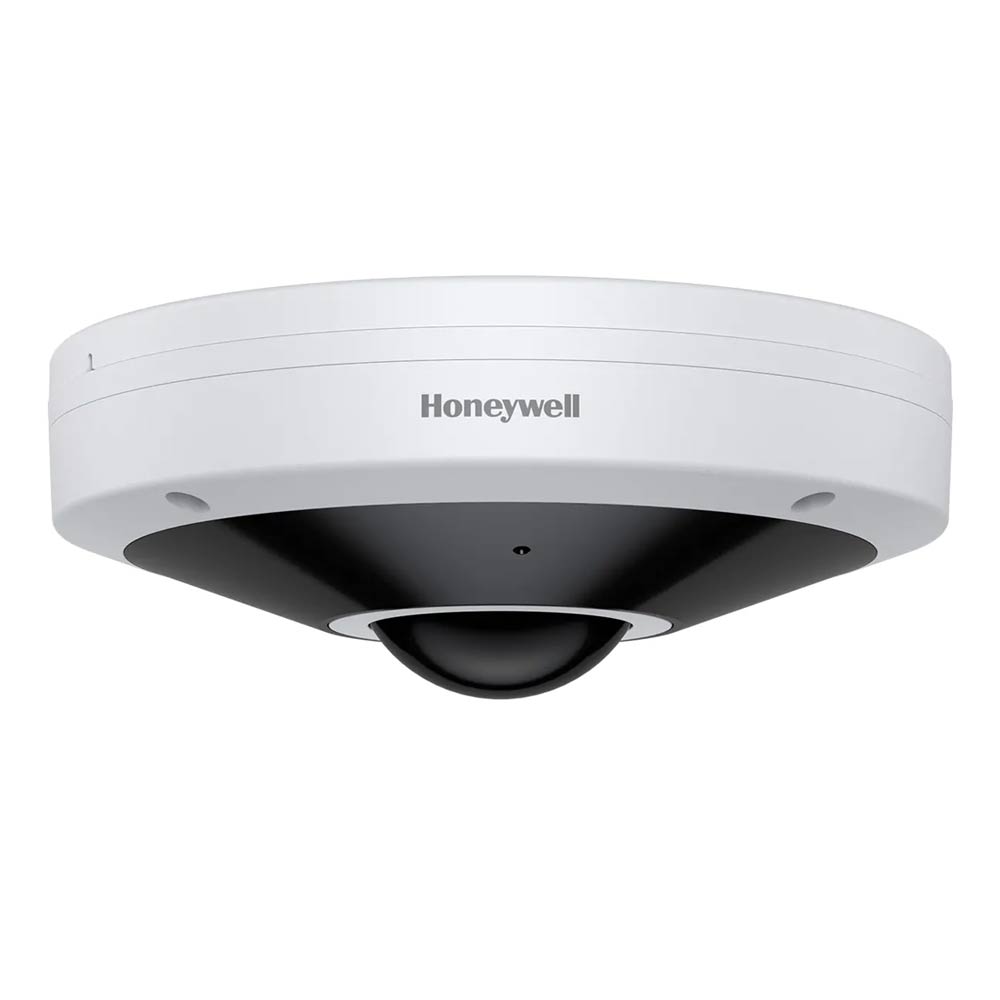 HONEYWELL-204 | Domo fisheye IP de HONEYWELL de 5MP con Smart IR 20m, antivandálico apto para exterior. Formatos H.265, H.264, códec inteligente, MJPEG. Triple stream. CMOS 1/2,7" de 5MP. Resolución digital de 1920x1920@25/30IPS. Filtro mecánico. 0,05 lux. Óptica fisheye de 1,16 mm (180°). OSD, AGC, HLC, WDR 120dB, 3D RRD, videosensor, máscaras de privacidad, zona ROI fija. Incorpora micrófono. Ranura MicroSD. Onvif. IP66, IK10. 12V CC. PoE.