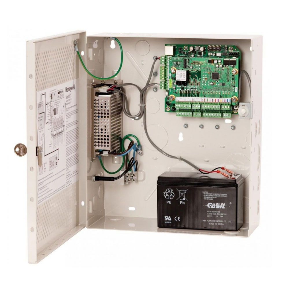 HONEYWELL-207 | Panel de Control de Accesos híbrido para tres puertas en caja metálica. Sistema de Control de Accesos basado en Web. Hasta 25.000 eventos. Soporta Wiegand. Hasta 6 lectores. Hasta 10.000 tarjetas. 14 entradas / 6 salidas. 127 zonas horarias. Enlaces I/O definibles. Contacto tamper. Método de configuración por navegador web o software WIN-PACK. Modo de supervisión, función escolta. Alimentación de 12V CC 4A. BAtería de reserva 12V, 7Ah