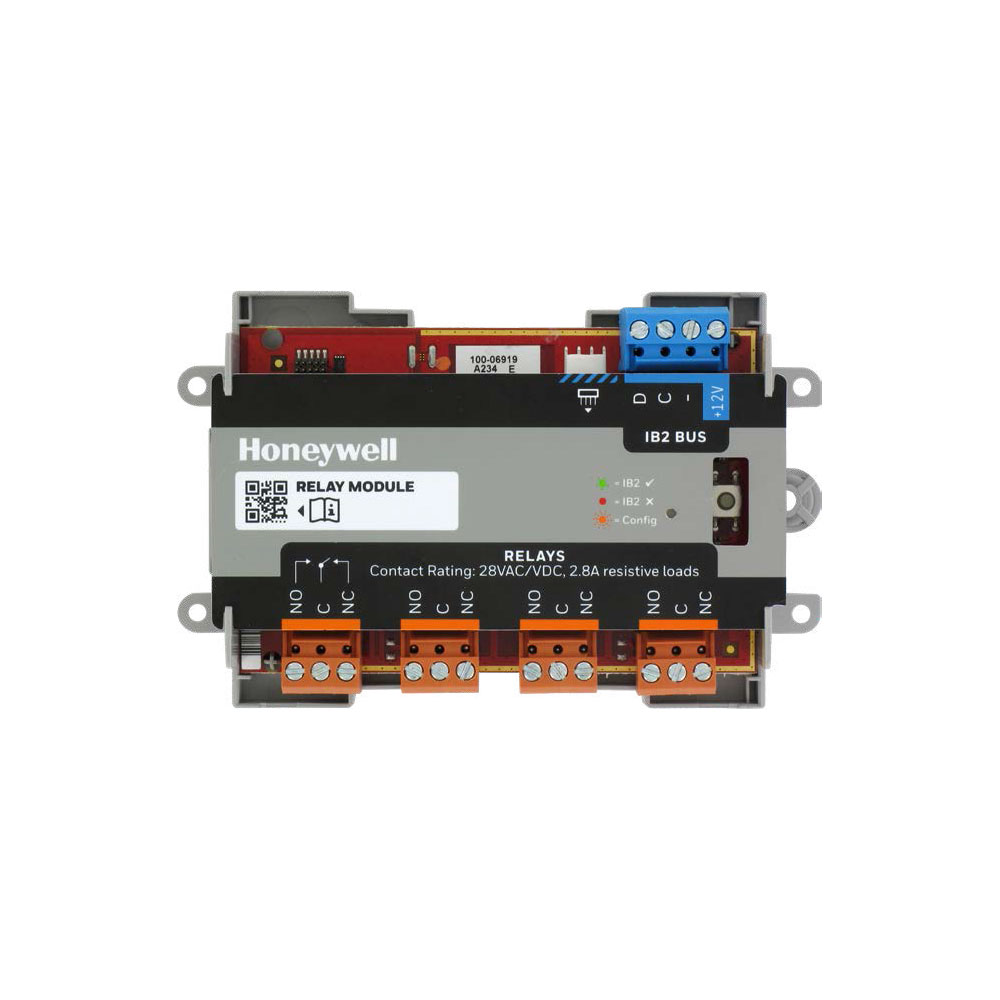 HONEYWELL-240 | Módulo espansor de 4 relés programables IB2 para MAXPRO. Utiliza línea de bus de alta potencia para cableado estrella o paralelo hasta 3,65 km. El módulo puede ser montado como un PCB en la placa base o en su propia caja. 4 relés de salida programables sin potencial. Relés no supervisados. LED de estado. Protección antisabotaje. Suministrado en caja de plástico. EN 50131-3: 2009 de Grado 3. Clase ambiental II