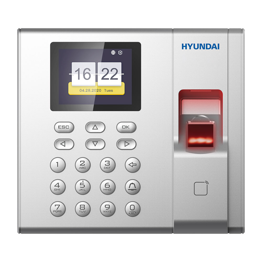 HYU-730 | Terminal autónomo de Control de Accesos y Presencia HYUNDAI con lectura biométrica de huella y lector de tarjetas MIFARE. Hasta 1.000 huellas dactilares, 1.000 tarjetas, 1.000 usuarios, 100.000 eventos y 50.000 registros de asistencia. Incorpora pantalla de 2,4". Comunicación TCP/IP. Entradas para 1 sensor de puerta y 1 botón de salida REX. Salidas para 1 Relé de bloqueo de puerta y 1 relé de timbre. No apto para exterior.