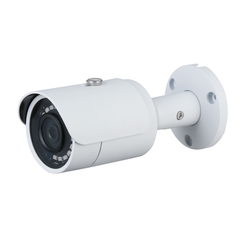 IPC-B3F | IP bullet camera with Smart IR of 30 m for outdoors. 1/2,7” CMOS, 3MP. Dual stream. H.265/H.264/MJPEG. 3MP at 20fps. ICR filter. 0,02 lux F2.0. 2,8 mm lens (105°). OSD, AWB, AGC, BLC, HLC, digital WDR, 3D-DNR, 4 ROI, mirror, motion detection and privacy mask. Onvif, CGI, P2P. IP67. 3AXIS. 12V DC. PoE.