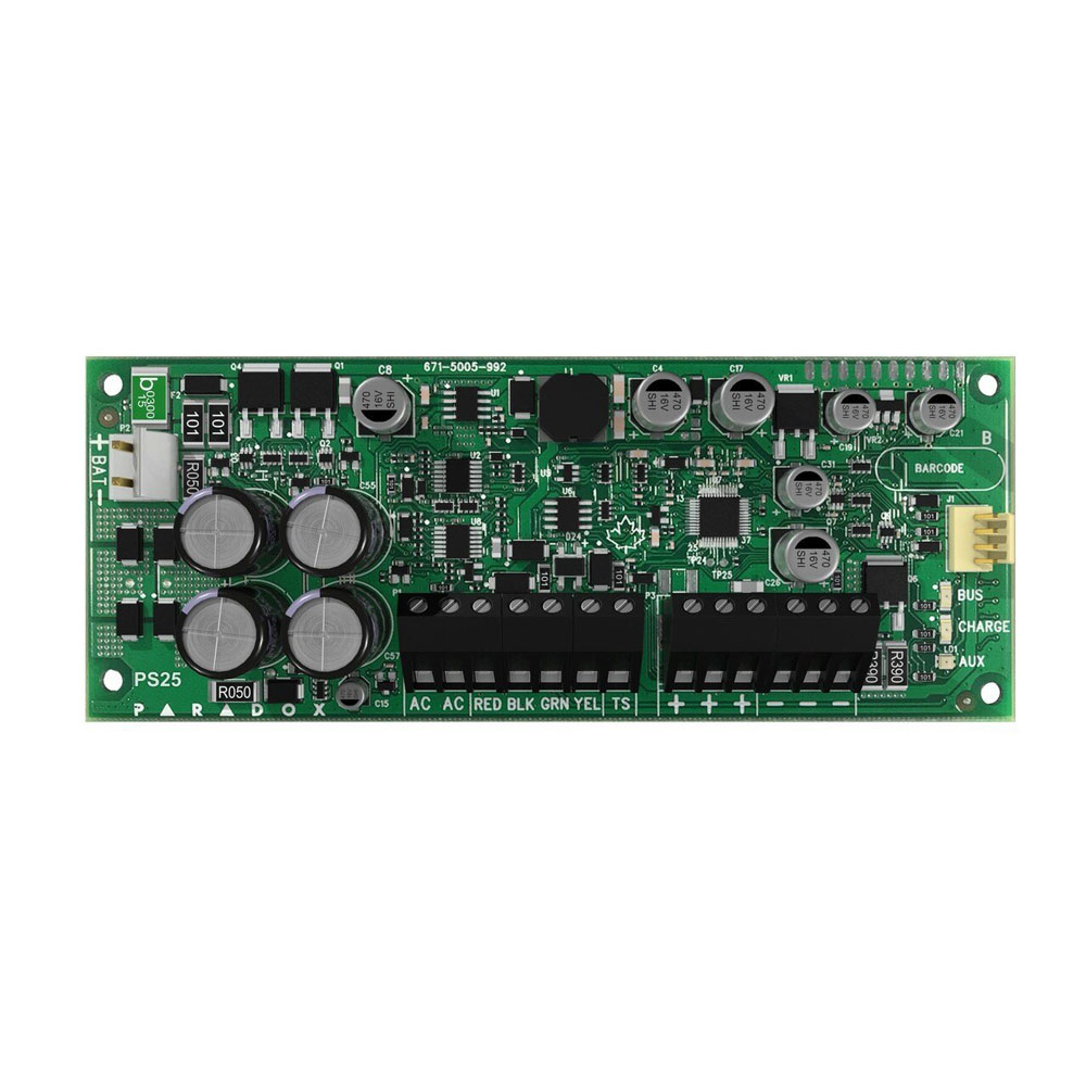 PAR-324 | Modulo di alimentazione supervisionato Paradox. Monitoraggio corrente 2.8A, batteria e limite. Uscita ausiliaria 2,5 A. Fino a 1,2 A di carica della batteria. 1 uscita PGM. Scatola BOX-P compatibile. Tamper antisabotaggio