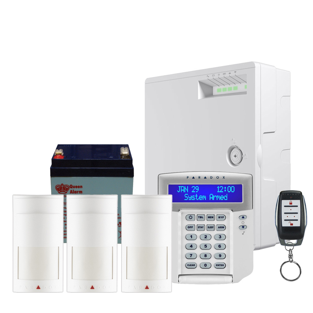 PAR-331 | Magellan Paradox kit consisting of: 1x PAR-322 Control Panel (MG5075-868) with 5 zones expandable to 32 in a plastic box. 1x PAR-6N 32-character LCD keypad (K32LCD +). 1x 5-channel remote control PAR-3 (REM-15). 3x PIR Detectors with PAR-1 (PMD2P). 1x 12V, 4.2Ah battery