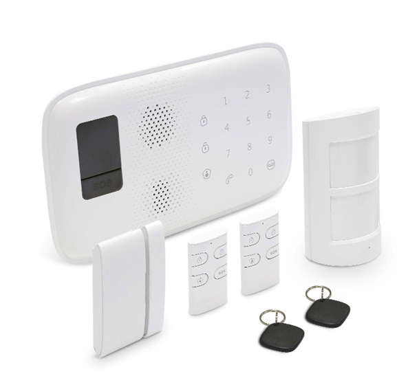 QAR-334 | WIZARD - Sistema de alarma táctil GSM - Inalámbrico - Kit formado por: Panel (con batería de respaldo y sirena), 2 controles remotos, 2 llaveros Tag RFID de proximidad, contacto de puerta/ventana magnético, 1 detector de movimiento PIR, 1 alimentador - Permite hasta 10 controles remotos, 50 sensores inalámbricos y 50 Tag RFID - Armado y desarmado remoto por SMS o llamada - Aplicación para smartphone: WIZALARM