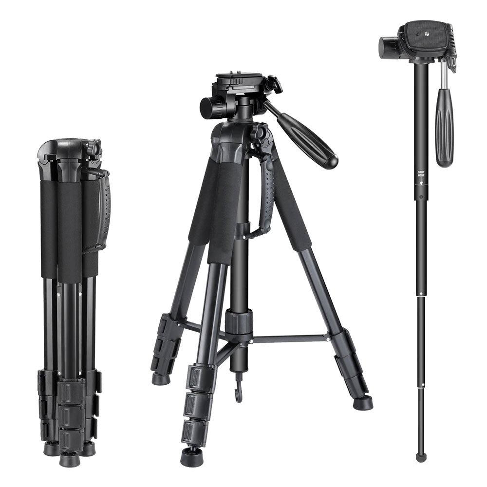 SAM-4643 | Trípode convertible a monopié para cámaras con cabezal giratorio de 3 vías. Bolsa para Cámara DSLR y videocámara de vídeo DV. Carga de hasta 4 kg. Color negro.