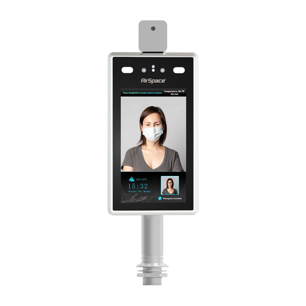 SAM-4655 | Lector biométrico autónomo de control de accesos AirSpace para tornos. Sensor de termopila alta precision Aleman HEIMANN con un tamaño de 32x32. Identificación por reconocimiento facial. Medición de temperatura corporal. Precisión ±0,3℃. Detección de fiebre y mascarilla. Pantalla 7" IPS a color táctil. Capacidad 22.400 caras y 100.000 registros. Comunicación TCP/IP. Controladora integrada (Relé o Alarma y Wiegand). Cámara de doble sensor para reconocimiento facial. Instalación en tornos o superficies horizontales