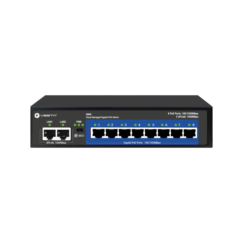 SW08 | Switch PoE gestito in cloud VESTA con 8 porte Gigabit