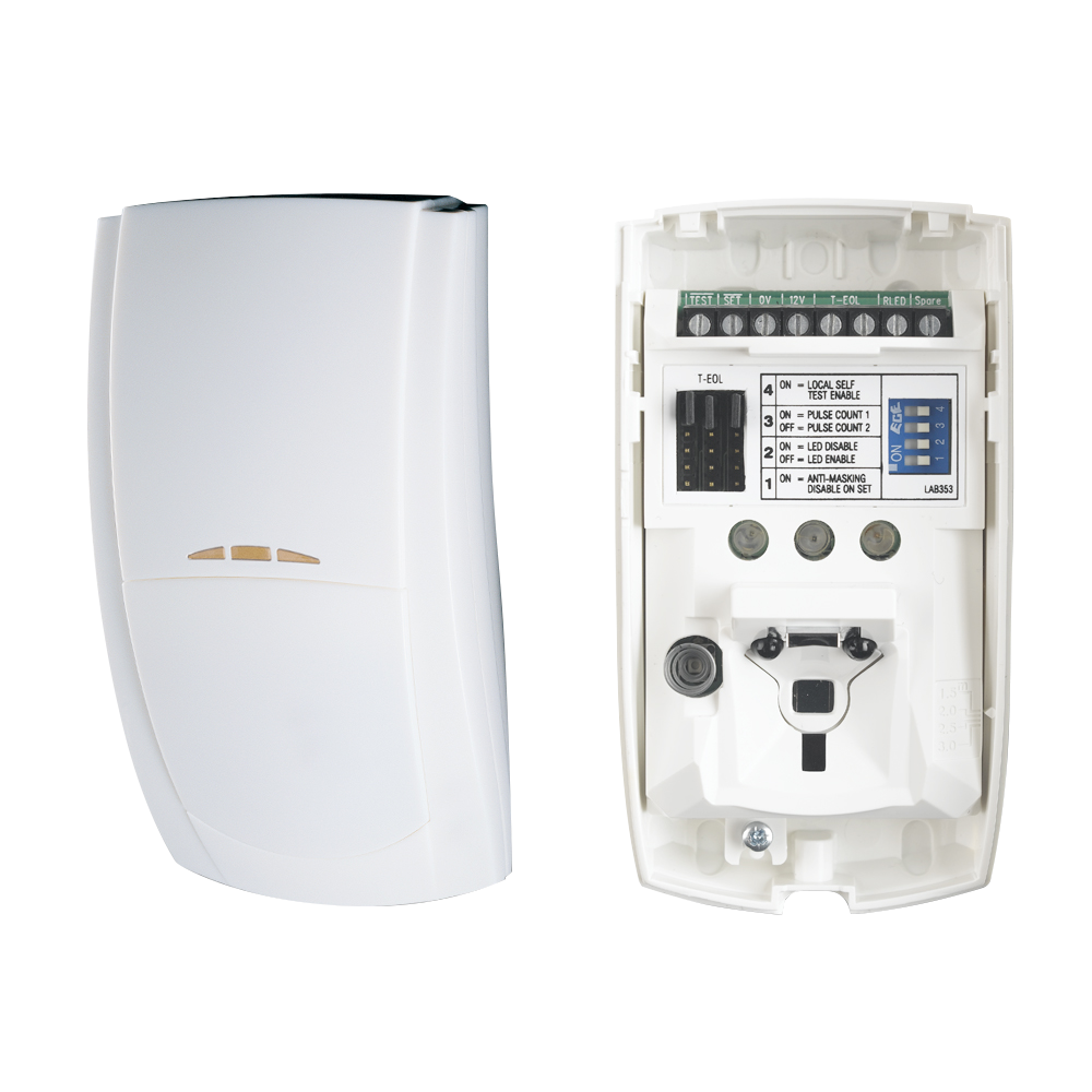 TEXE-10 | Detector PIR QUAD digital con antimasking Premier Elite AMQD. Cobertura de 15 metros, 85°. Ajuste de sensibilidad automático. Antienmascaramiento por IR activo. Altura de instalación de 1,5 ~ 3,1 metros. Contador de pulsos digital seleccionable. Óptica sellada. Anti-reptado. Tecnología digital microprocesada. Compensación digital de temperatura. Salida de relé. Tamper sabotaje. EN50131 Grado 3, Clase ambiental II.