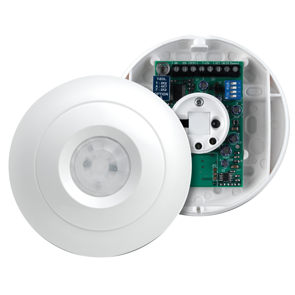 TEXE-12 | Detector PIR QUAD digital de techo con antimasking Premier Elite AM360 QD. Cobertura de Ø10,5 metros, 360°, instalado a 3,6 metros. Antienmascaramiento por IR activo. Altura de instalación de 3,6 metros. Contador de pulsos digital seleccionable. Óptica sellada. Tecnología digital microprocesada. Compensación digital de temperatura. Salida de relé. Tamper sabotaje. EN50131 Grado 3, Clase ambiental II.