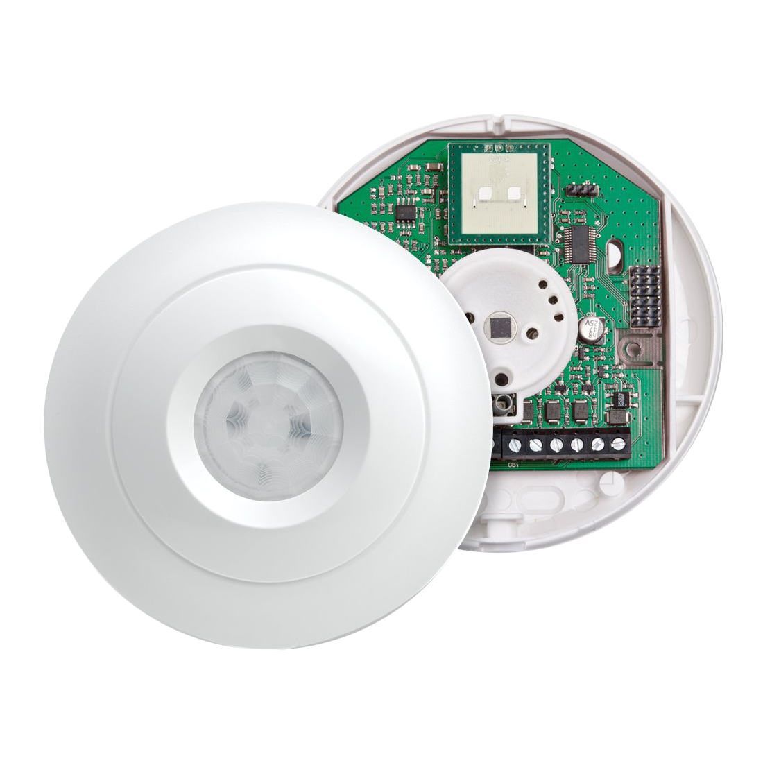 TEXE-6 | Detector doble tecnología de techo Premier 360 DT. PIR QUAD + Microondas Banda K. Cobertura de Ø9,3 metros, 360°. Altura de instalación de 2,4 ~ 3,6 metros. Óptica Fresnel. Tecnología de microprocesador digital. Piro elemento cuádruple para una cobertura real de 360°. EN50131 Grado 2, Clase ambiental II.