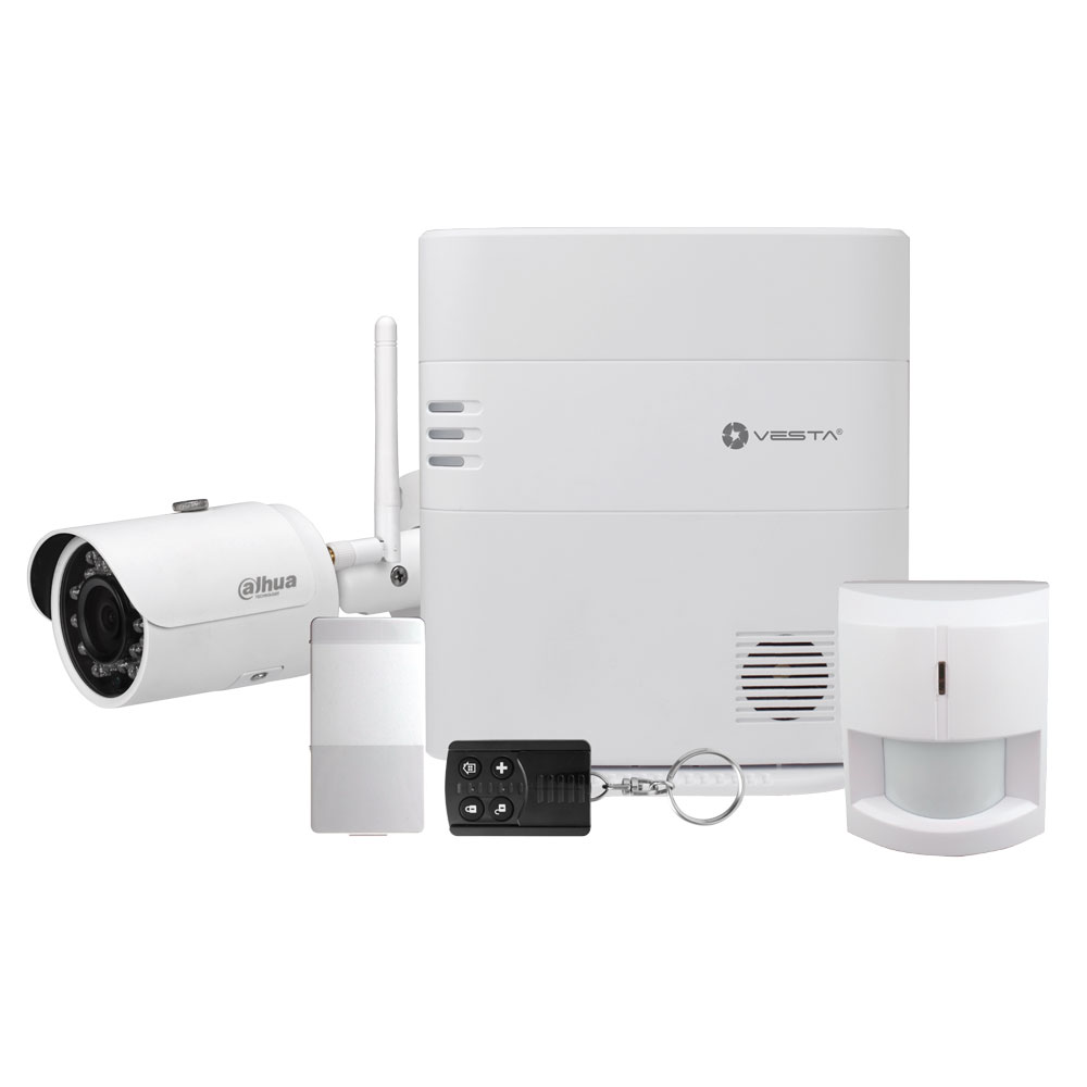 VESTA-056 | VESTA by Climax kit consisting of: 1x VESTA-046 Security Central (HSGW-G8-2G-F1-ZW) of 160 radio areas with IP + 2G and Grade 2 connectivity; 1x PIR detector via radio VESTA-009 (IR-29SL-F1) with Grade 2; 1x Magnetic contact via radio VESTA-013 (MDC-3-F1) with Grade 2; 1x VESTA-014 4-button radio button (RC-16-F1) with Grade 2; 1x PRO DAHUA-620-FO series IP bullet camera (IPC-HFW1320S-W) with WIFI and 30 m IR lighting for outdoor use.