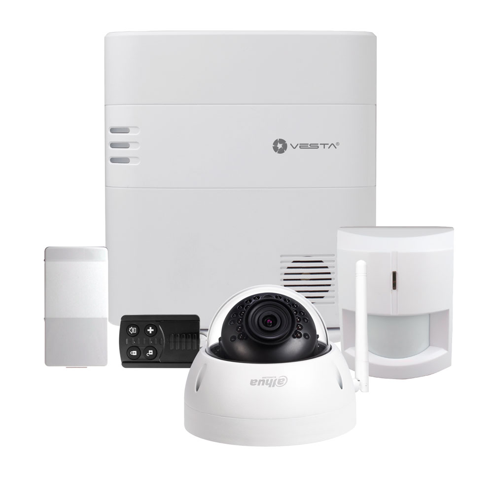 VESTA-057 | VESTA by Climax kit consisting of: 1x VESTA-046 Security Central (HSGW-G8-2G-F1-ZW) of 160 radio areas with IP + 2G and Grade 2 connectivity; 1x PIR detector via radio VESTA-009 (IR-29SL-F1) with Grade 2; 1x Magnetic contact via radio VESTA-013 (MDC-3-F1) with Grade 2; 1x VESTA-014 4-button radio button (RC-16-F1) with Grade 2; 1x DAHUA-621-FO PRO Series IP Fixed Dome (IPC-HDBW1320E-W) with WIFI and 30 m IR lighting for outdoor use.