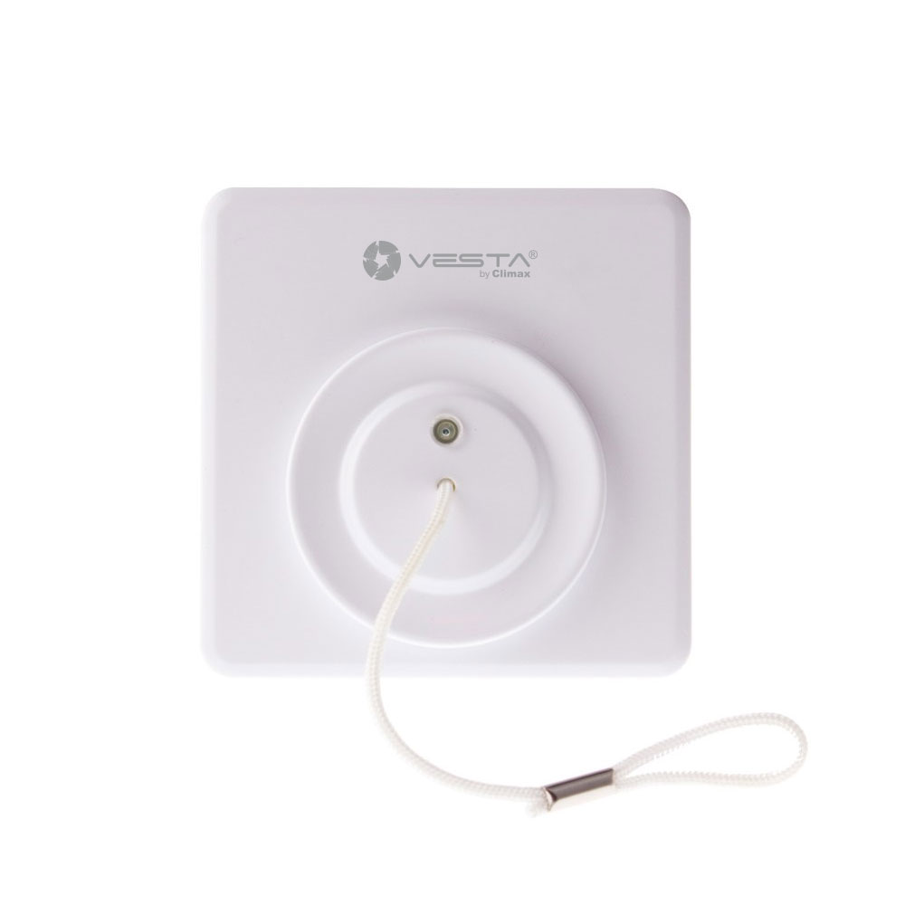 VESTA-093 | VESTA by Climax emergency cord. White cord with handle at the end. For indoor installation. Wall or ceiling mounting. Low battery consumption. It requires little maintenance. 24-hour monitoring broadcast. Low battery detection. LED indicator. Via radio for easy installation.