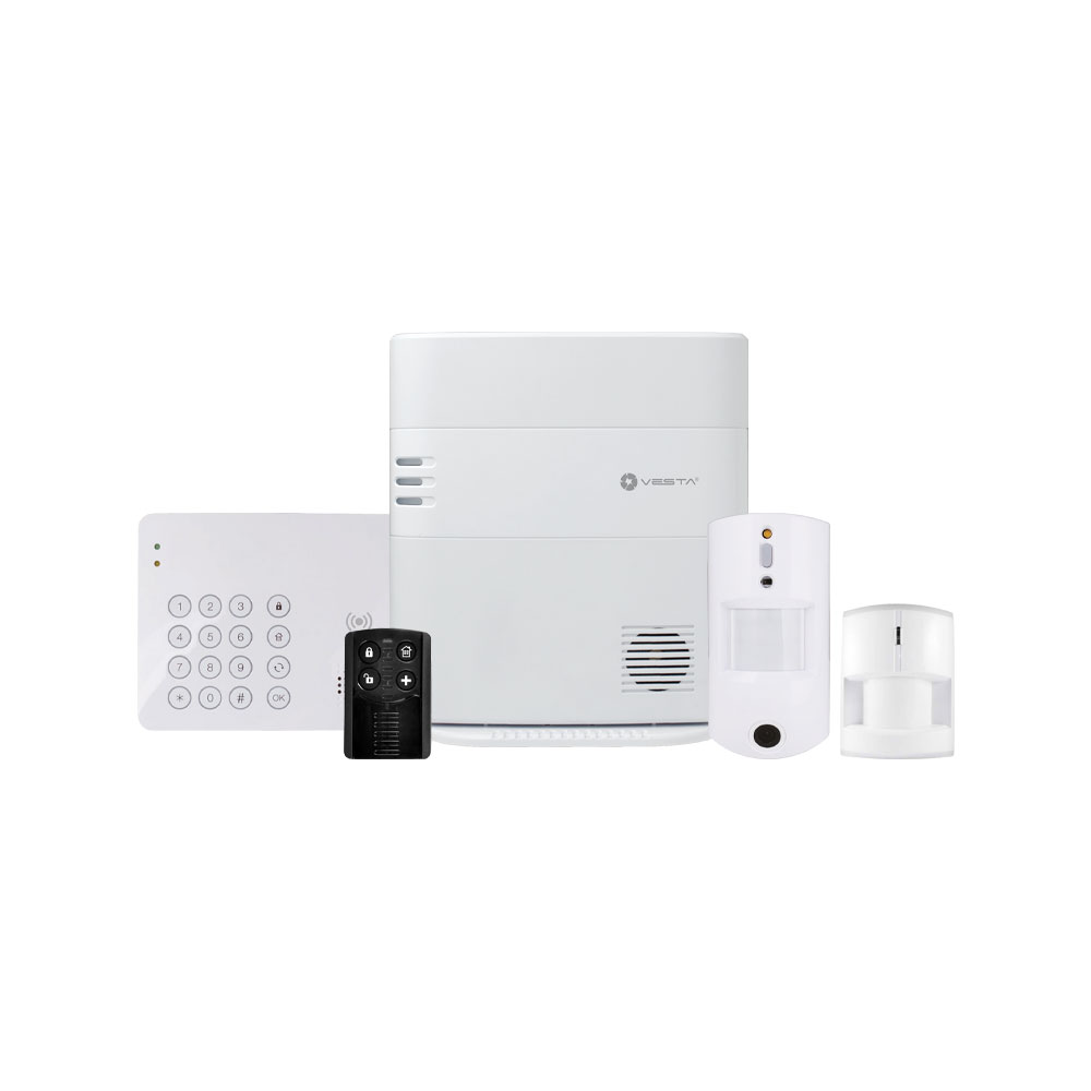 VESTA-101 | Kit VESTA by Climax composé de. 1x Central IP Ethernet + 4G sécurité VESTA-047 (HSGW-G8-4G-F1-ZW) de 160 zones via radio, Grade 2. 1x clavier avec lecteur de proximité VESTA-012 (KPT-39N-F1). 2x détecteurs PIRCAM via radio VESTA-008 (VST-862-F1) avec grade 2. 1x détecteur PIR via radio VESTA-009 (IR-29SL-F1) avec grade 2. 1x bouton radio à 4 boutons VESTA-014 (RC -16-F1) avec Grade 2.