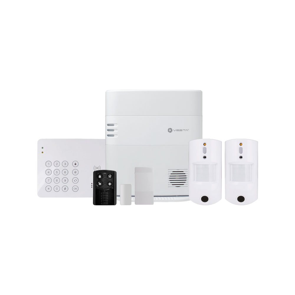 VESTA-102 | Kit VESTA by Climax composé de. 1x Central IP Ethernet + 4G sécurité VESTA-047 (HSGW-G8-4G-F1-ZW) de 160 zones via radio, Grade 2. 1x clavier avec lecteur de proximité VESTA-012 (KPT-39N-F1). 2x détecteurs PIRCAM via radio VESTA-008 (VST-862-F1) avec grade 2. 1x contact magnétique via radio VESTA-013 (MDC-3-F1) avec grade 2. 1x bouton poussoir radio avec 4 boutons VESTA-014 (RC -16-F1) avec Grade 2.
