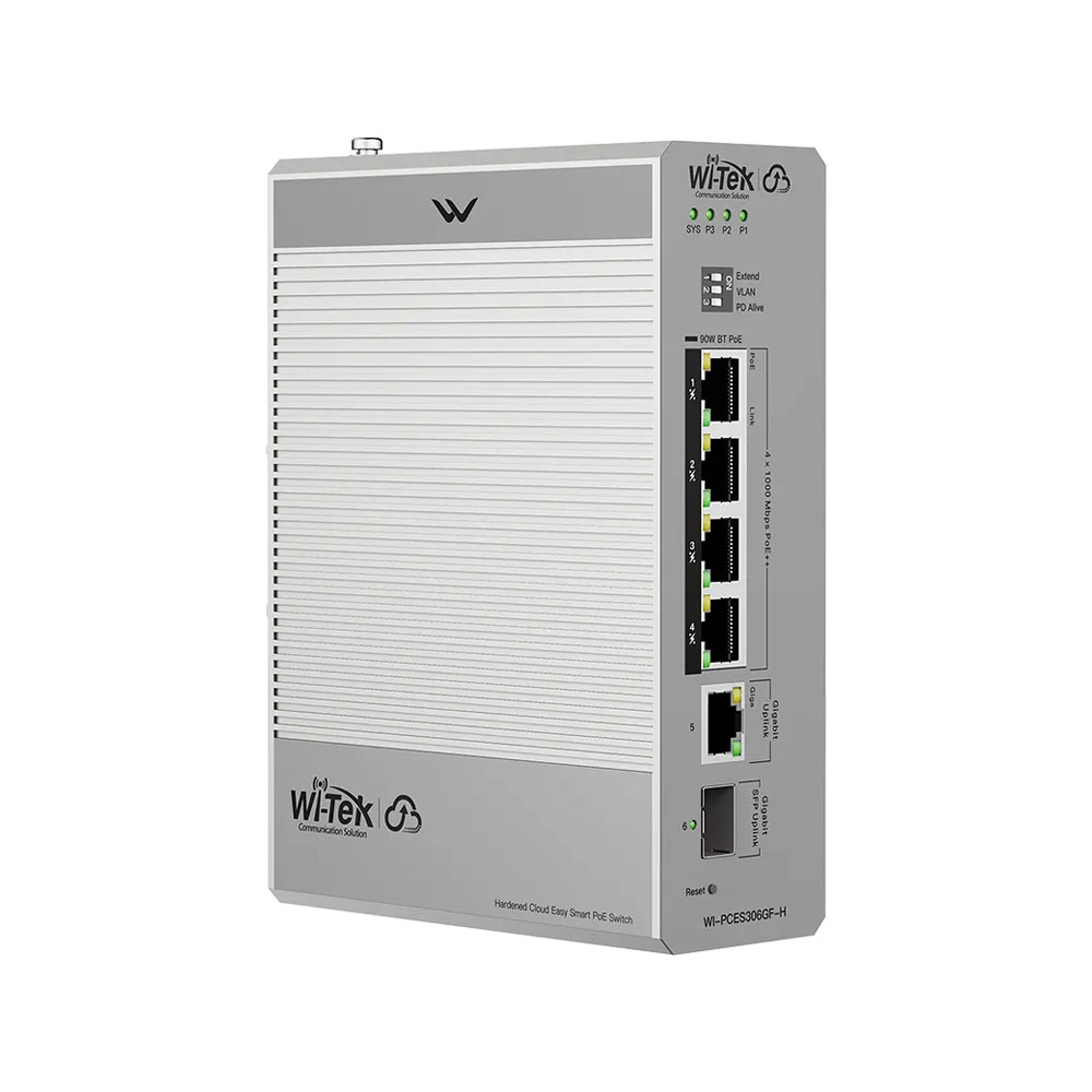WITEK-0183 | Wi-Tek Gigabit managed PoE switch with 4 PoE++ ports and RJ45/SFP uplinks for DIN rail