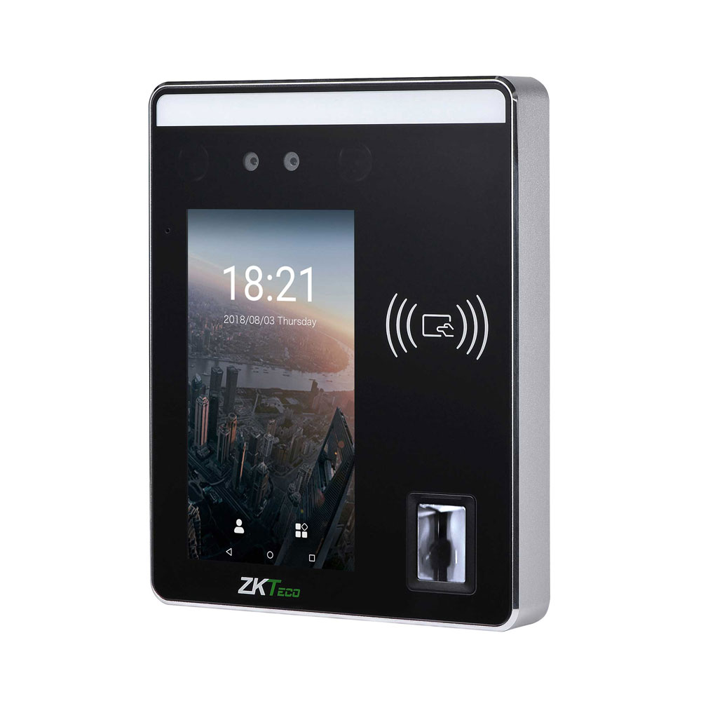 ZK-124 | Terminal ZKTeco de reconocimiento facial y lector de proximidad EM125 de Control de Accesos y Presencia. Pantalla táctil de 5". Hasta 6.000 rostros. Hasta 10.000 usuarios. Hasta 10.000 huellas y tarjetas. Registro de hasta 200.000 eventos. TCP/IP, Entrada/Salida Wiegand. Relé de puerta, Sensor de puerta, Alarma, Botón de Salida, Salida Auxiliar. 12V CC.
