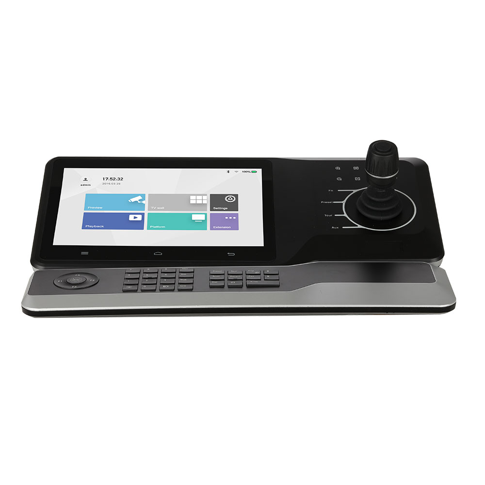 DAHUA-1309 | Joystick 4 AXIS (per funzioni PTZ) con display LCD touch di 11". Include modulo tastiera di estensione. Supporta H.265, H.264 e MJPEG. Permette controllare DVR, dome motorizzati analogici e IP, piattaforma di gestione centralizzata, server di video in rete. Supporta visualizzazione 4K. 4 uscite HDMI. Audio bidirezionale. 4 entrate / 4 uscite di allarme. 2 RS232, 1 RS485, 2 USB2.0 + 2 USB 3.0, 2 RJ45 Gigabit.