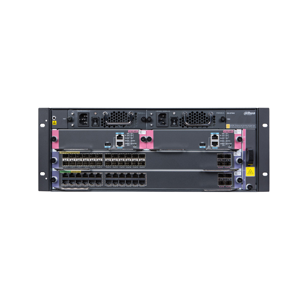 DAHUA-1423 | Switch Core 4U central multi-servicio High-End (L3+). Conmutación de 5,12Tbps / 12,8Tbps. 2 ranuras de servicio (no incluidas - pendiente estudio). Redundancia de fuentes de alimentación y paneles de control principal. Soporta enrutamiento IPv4 e IPv6. Soporta multi-difusión, ACL y QoS, Multicast y Routing.