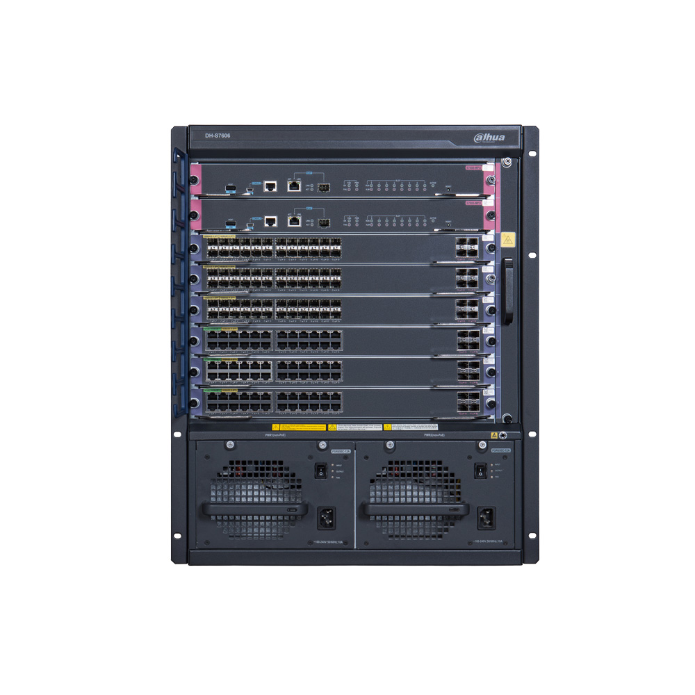 DAHUA-1424 | Switch Core 13U central multi-servicio High-End (L3+). Conmutación de 15,36Tbps / 25,6Tbps. 6 ranuras de servicio (no incluidas - pendiente estudio). Redundancia de fuentes de alimentación y paneles de control principal. Soporta enrutamiento IPv4 e IPv6. Soporta multi-difusión, ACL y QoS, Multicast y Routing.