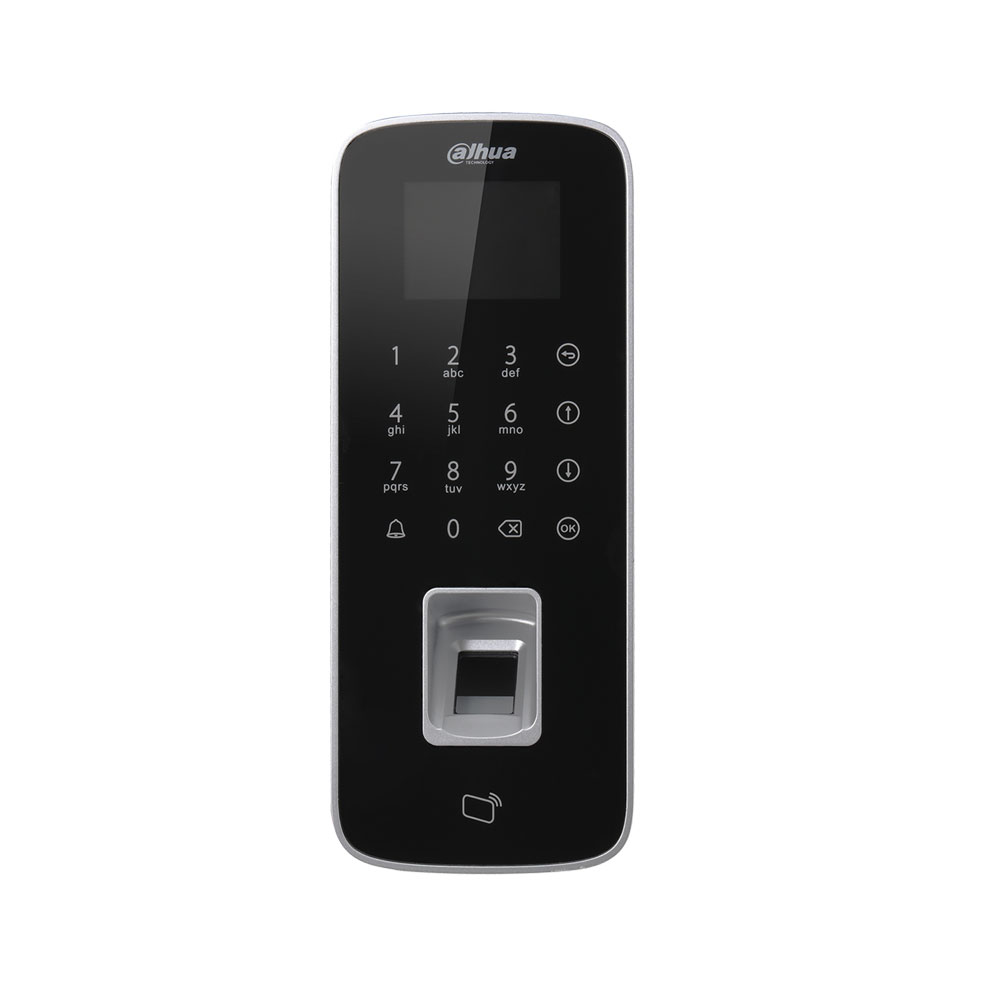 DAHUA-1506 | Lector biométrico + lector RFID Mifare de control de accesos con teclado. Sistema autónomo resistente al agua, apto para exterior. Teclado y display LCD. 3.000 huellas, 30.000 usuarios/tarjetas. 150.000 eventos. Autentificación por tarjeta, contraseña, huella y combinación. Interfaz a PC TCP/IP, soporta WAN. Interfaz a lector wiegand o RS485. Entrada sensor de puerta, botón de salida y entrada de alarma. Salida para cerradura, timbre y alarma. IP65. 12V CC.