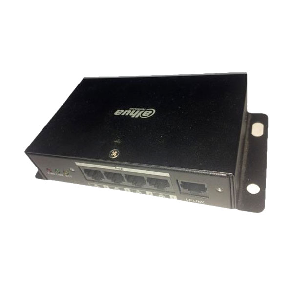 DAHUA-1578 | Switch móvil de 4 canales RJ45 10/100M con PoE para 4 cámaras IP + 1 puerto uplink para conectar el NVR móvil DAHUA-1577 (MNVR8104-GFW) y convertirlo en un NVR de 8 canales.