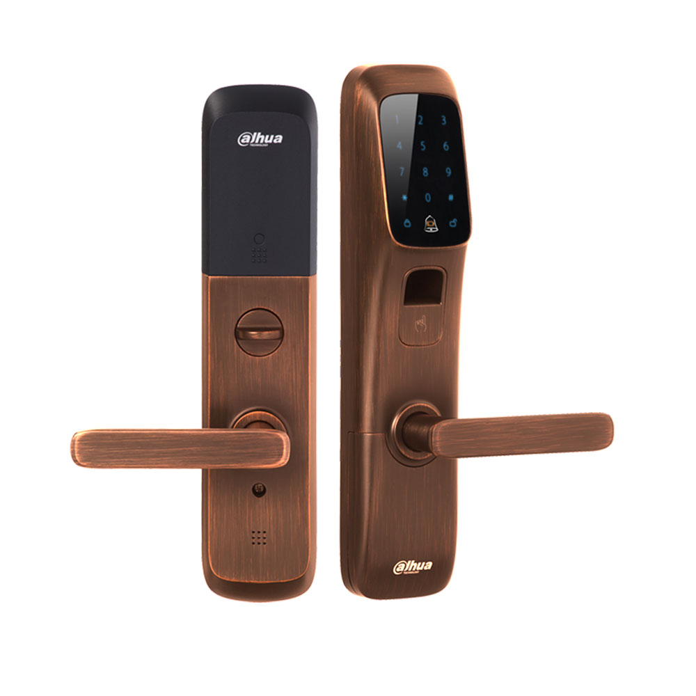 DAHUA-969 | Cerradura inteligente de control de accesos con bluetooth, lector de huella y lector MIFARE. 5 modos de apertura: App Easy4key, huella dactilar, tarjeta MIFARE 1, código y llave mecánica. Mensajes de voz. Contraseña de privacidad. Hasta 50 tarjetas, 50 huellas y 50 contraseñas. Zumbador y altavoz incorporados. 4 pilas AA de 6V.