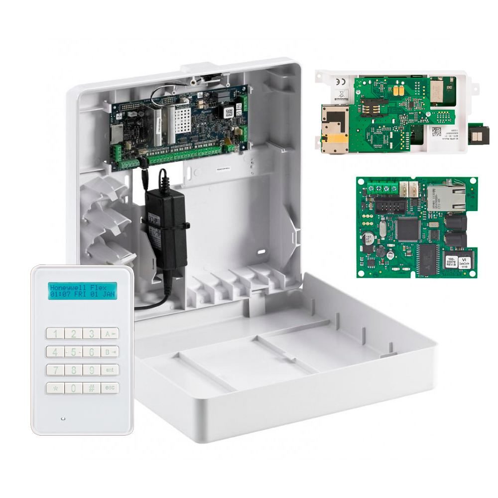 HONEYWELL-16 | Kit compuesto por 1x Central Galaxy Flex V3 12 zonas ampliable hasta 50 HONEYWELL-31, 1x Teclado alfanumerico HONEYWELL-6, 1x Comunicador IP bidireccional HONEYWELL-62, 1x Comunicador GSM/GPRS bidireccional HONEYWELL-60.