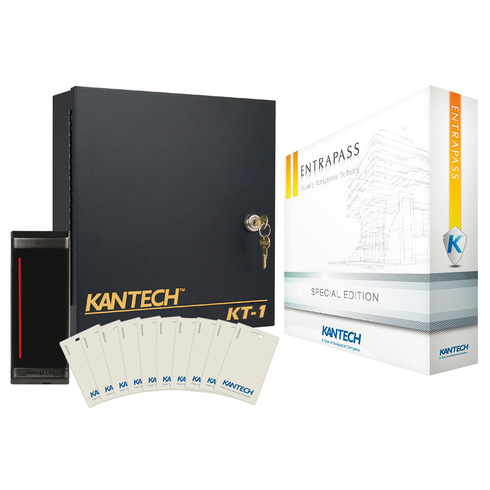 KAN-1 | Kit KANTECH compuesto por: 1x Controladora IP de 1 puerta KT-1-PCB, 1x Fuente de alimentación en caja KT-1CAB-PSU, 1x Lector de tarjetas KT-MUL-SC, 10x Tarjetas Clamshell, 1x Software ENTRAPASS Special Edition.