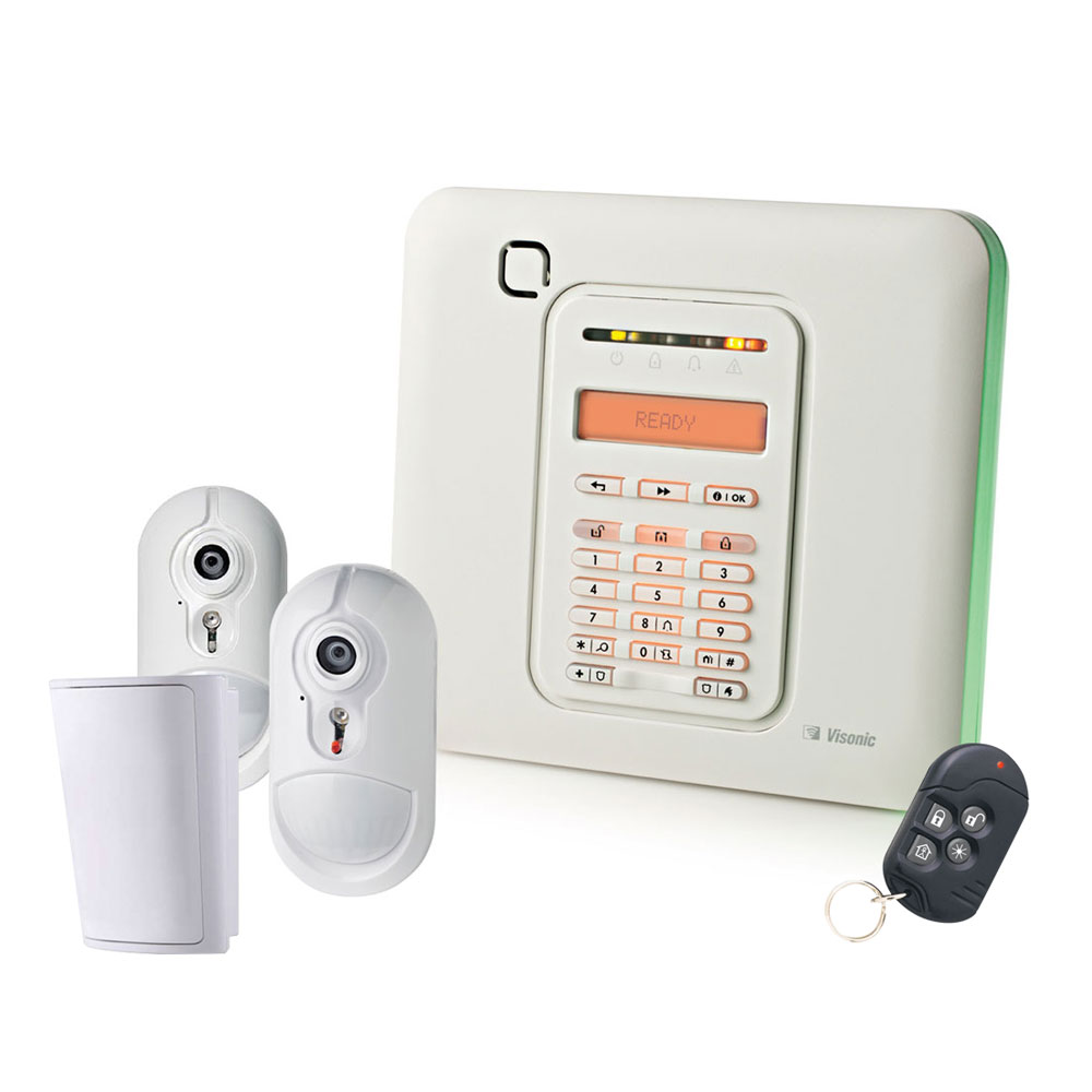 VISONIC-115 | Kit compuesto por: 1x Central PowerMaster-10 de 30 zonas vía radio con módulo GPRS incorporado, 2x detectores PIR VISONIC-56 (NEXT CAM PG2) vía radio PowerG con cámara incorporada, 1x detector PIR digital VISONIC-8 (MP-802 PG2), 1x mando pulsador VISONIC-6 (KF-234 PG2).