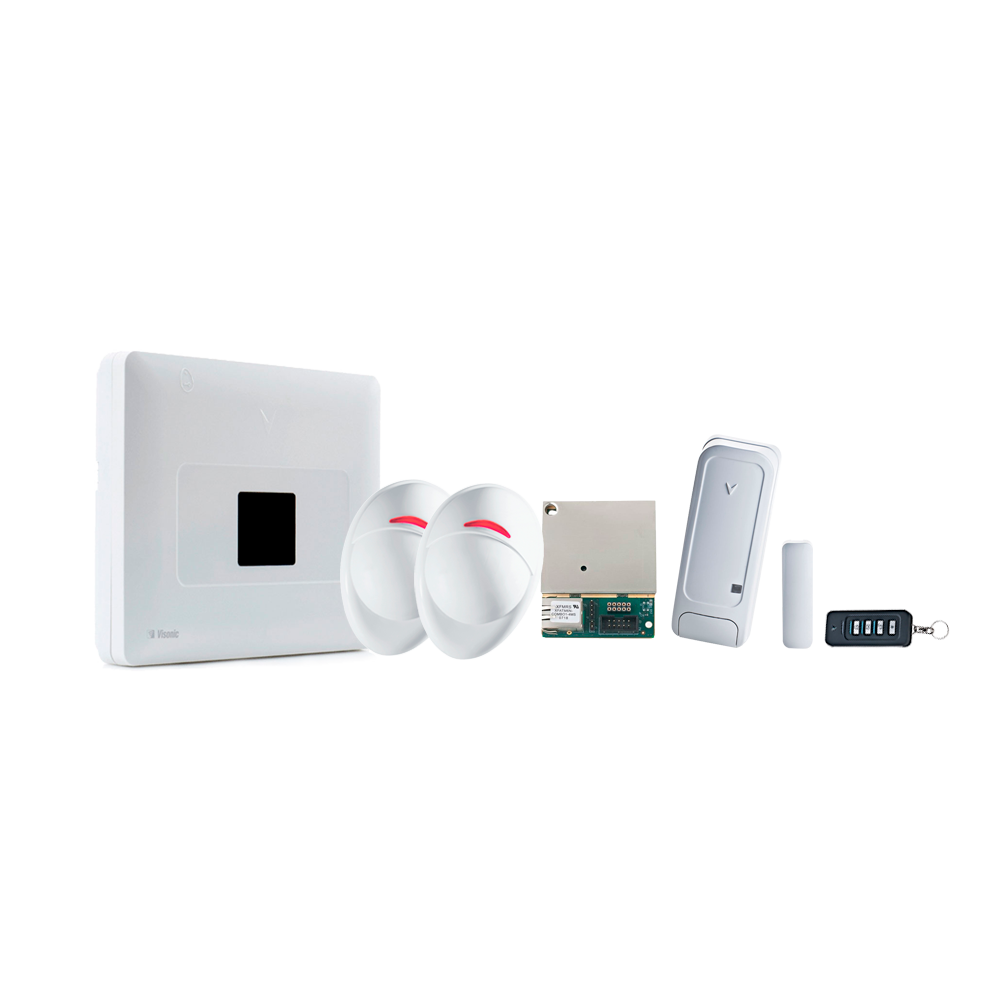 VISONIC-203F | Kit composé par: 1x Centrale VISONIC-18F (PMASTER-33 FR) de 64 zones, 2x Détecteurs VISONIC-171NF (NEXT K9-85 PG2 NF FR), 1x Module VISONIC-19 (POWERLINK 3) pour centrales Powermaster, 1x Contact magnétique VISONIC-13NF (MC-302 E PG2), 1x Télécommande VISONIC-51 (KF-235 PG2)